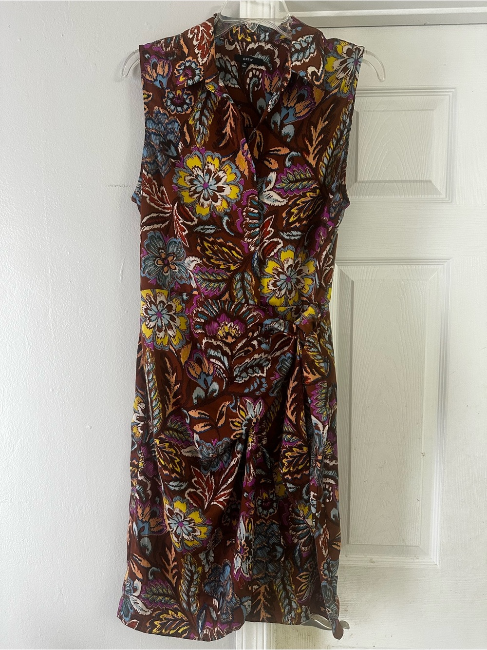 DREW Brown Floral Sleeveless Tie-Waist Dress with Multicolor Bloom